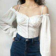 Damen Chiffon Schulterfrei Bluse Oberteil Shirt Vintage Puffärmel Gothik Retro