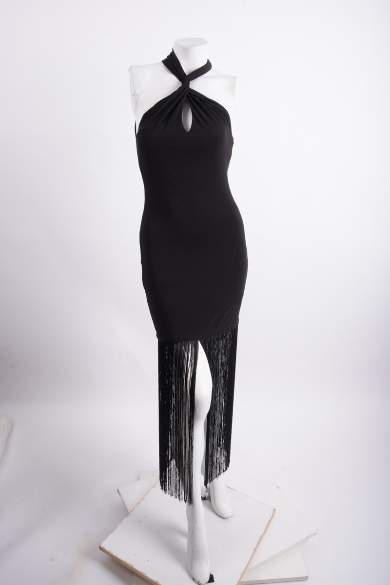 Alice + Olivia Womens Steph Fringe Dress Midi Halter Sz 2 Black Cocktail  NWT | eBay