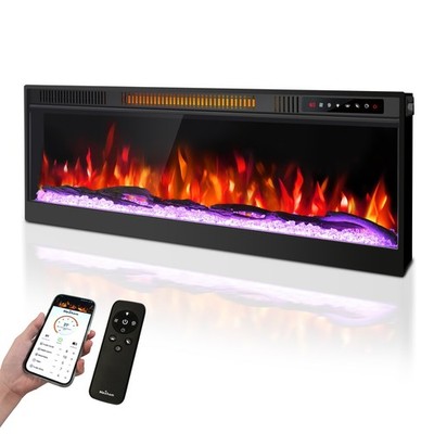 Ultra-Narrow Fireplace Heater，Wall/Recessed，12 Multicolored Flames, Smart APP