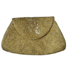 Vintage Gold Beaded Evening Bag with Chain Strap Floral Detail Formal Women