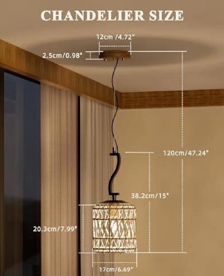 Boho Rattan Woven Lantern Pendant Light Fixture 3-Light Hanging Ceiling Lamp LED - Image 3 of 3