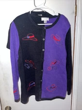 Red Hat Society Christopher Banks Cardigan Button Up Sweater Black/Purple XL