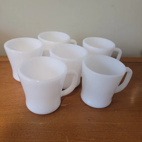 Set of 6 Vintage Federal FIRE KING White Milk Glass "D" Handle 8oz Mugs USA