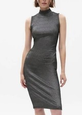 Gap Metallic Mockneck Midi Dress Size Large Tall Black Silver New W/Tags