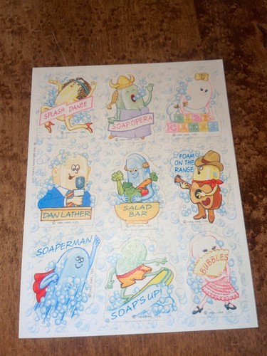 Foglio adesivo vintage 1984 Hallmark Scratch n Sniff bolle di sapone meme divertenti - Foto 2 di 2