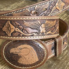 VTG CHAMBERS Tooled Leather Eagle Mountain Flowers Western Hand Painted Belt 40