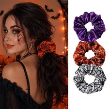 3 Packs Halloween Hair Scrunchies Soft Elastic Satin Hair Ties Spooky Black S...