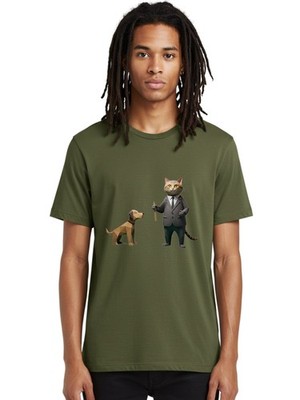 Cat-In-Suit-And-Dog Mens Graphic Tee, 100% Cotton, Casual Summer Wear