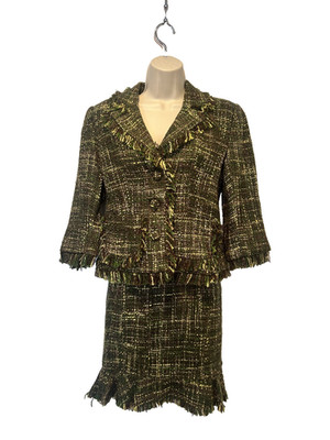 VIEW Women s Retro Green Tweed Skirt Suit 2pc Blazer Set Size 4 Careerwear Y2K