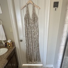 Mac Duggal Gold Sequin Halter Trumpet Maxi Gown Dress Slit Size 14