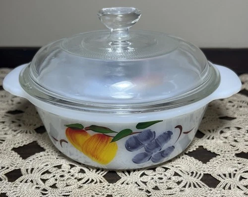 Fire King Gay Fad Vintage Fruit 1 Pint Casserole Dish With Lid- EXC