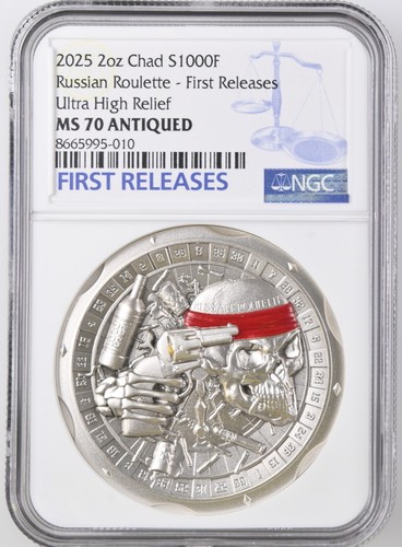 2 Oz Silver Coin 2025 Chad Russian Roulette Antiqued High Relief NGC MS ...