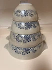 Vintage Pyrex Homestead Cinderella Mixing Bowl Set 441, 442, 443, 444 Tan Blue 4