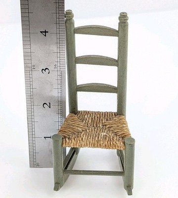  Vtg Dollhouse Miniature Green Painted Rocker Handmade Wood Rush Seat 1:12 Scale
