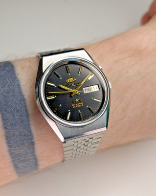 Orient 3 Star Vintage Watch Automatic Japan Men Black Dial Bracelet Day Date Men