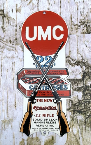 VINTAGE UMC 22 CARTRIDGES REMINGTON PETROLEUM PORCELAIN GAS PUMP STATION SIGN
