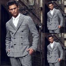 Black and White Houndstooth Men Jacket Notch Lapel Blazer Double Breasted Coats