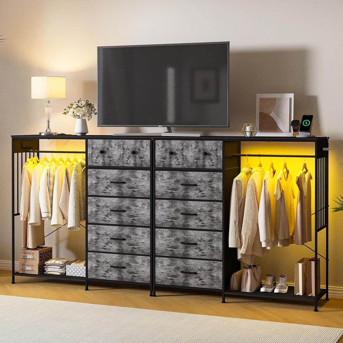 Dresser with Hanging Rack and 6 Fabric Drawers, Closet Storage Chest with Clothes Rack, Wooden Top - Grey Dresser with Hanging Rack and 6 Fabric Drawers, Closet Storage Chest with Clothes Rack, Wooden Top - Grey