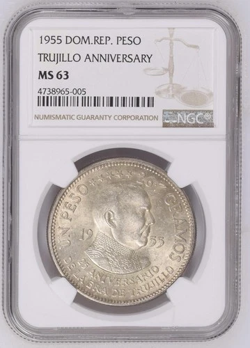 1955 Dominican Republic Silver 1 PESO NGC MS-63 TRUJILLO ANNIVERSARY