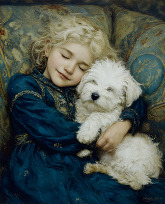 8x10 Little Girl Sleeping with Dog Art Print - 100978457