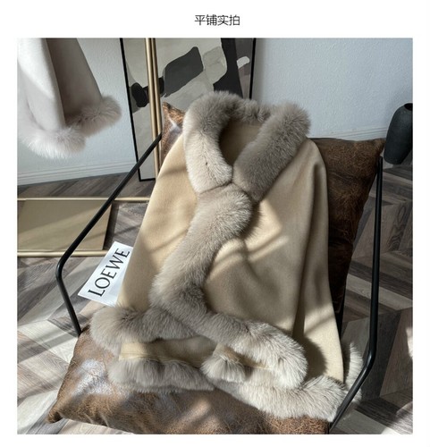 Women's Fur Coats Woolens Shawl Real Fox Fur Trim Around Cloak Fur Ponchos Wraps - Picture 35 of 50
