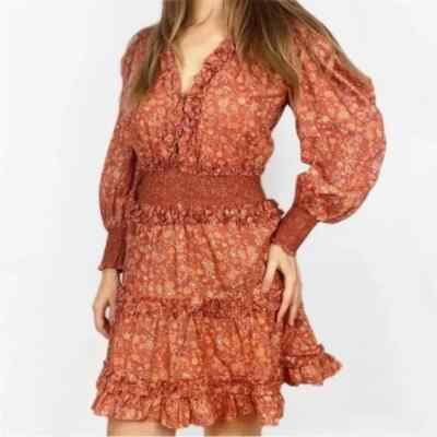 House of Harlow 1960 Wallis Rust Mini Dress Smocked Ruffle Printed L New 260350