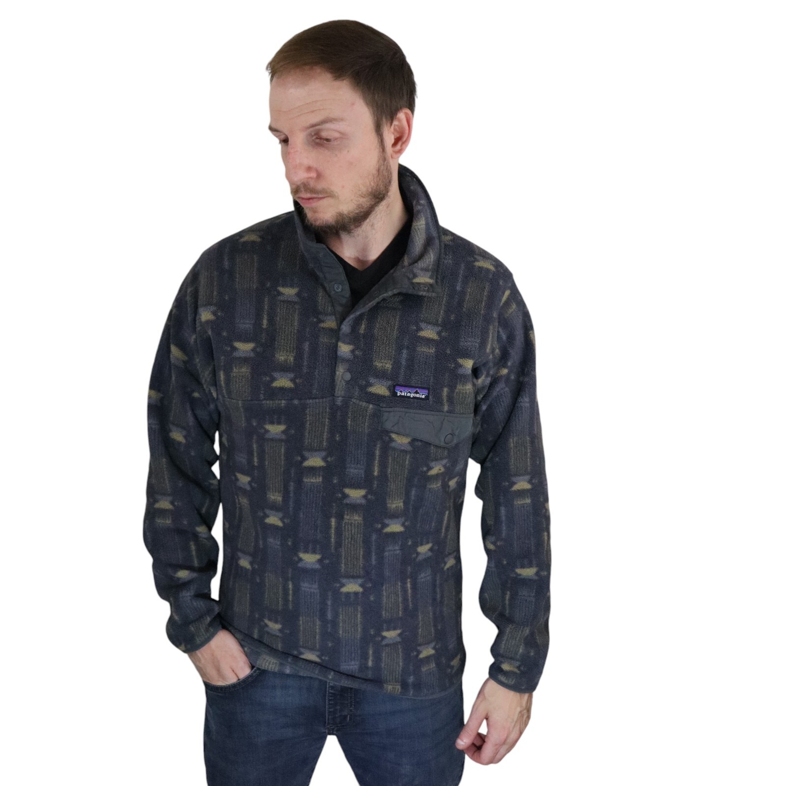 Patagonia Aztec Tallgrass Synchilla Snap-T Fleece Jacket Coat Mens Sz Small Gray