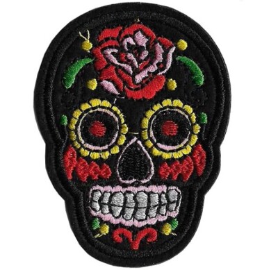 Schwarzer mexikanischer Tag der Toten Sugar Skull Bügelbild gestickter Aufnäher - SALE!