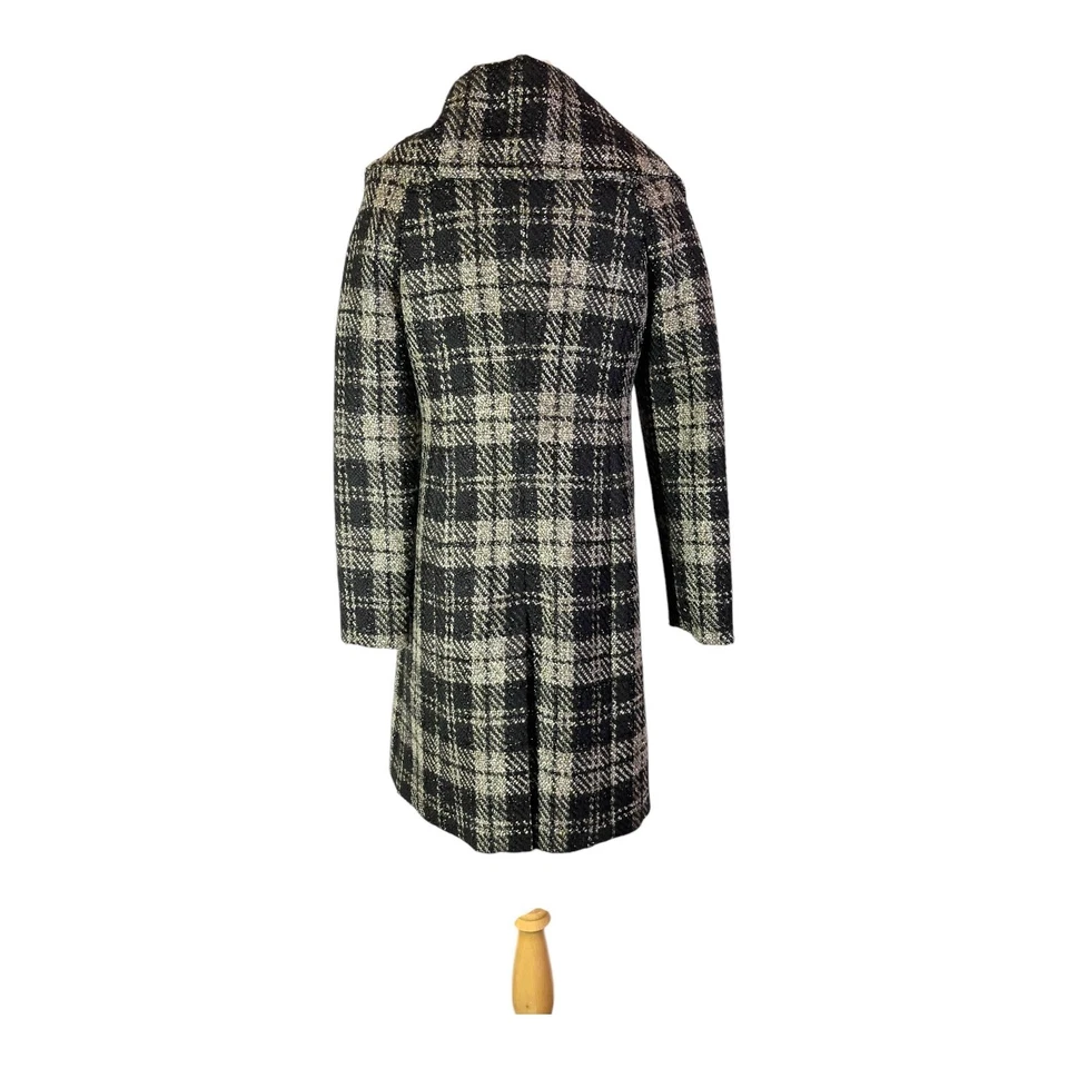Talbots Size 2P Plaid Tweed Overcoat Button Front Lined Black Grey Metallic - Image 3 of 4