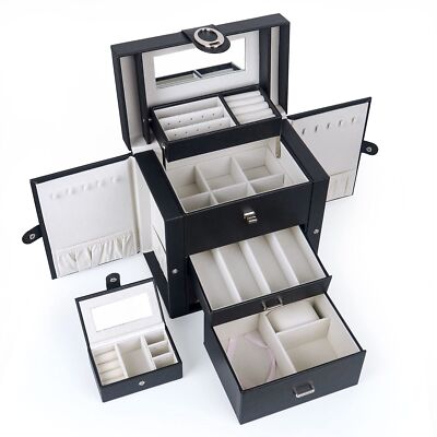 Kendal Black 3 Layers Large Leather Jewelry Box Watch Jewelry Organizer w/Mirror