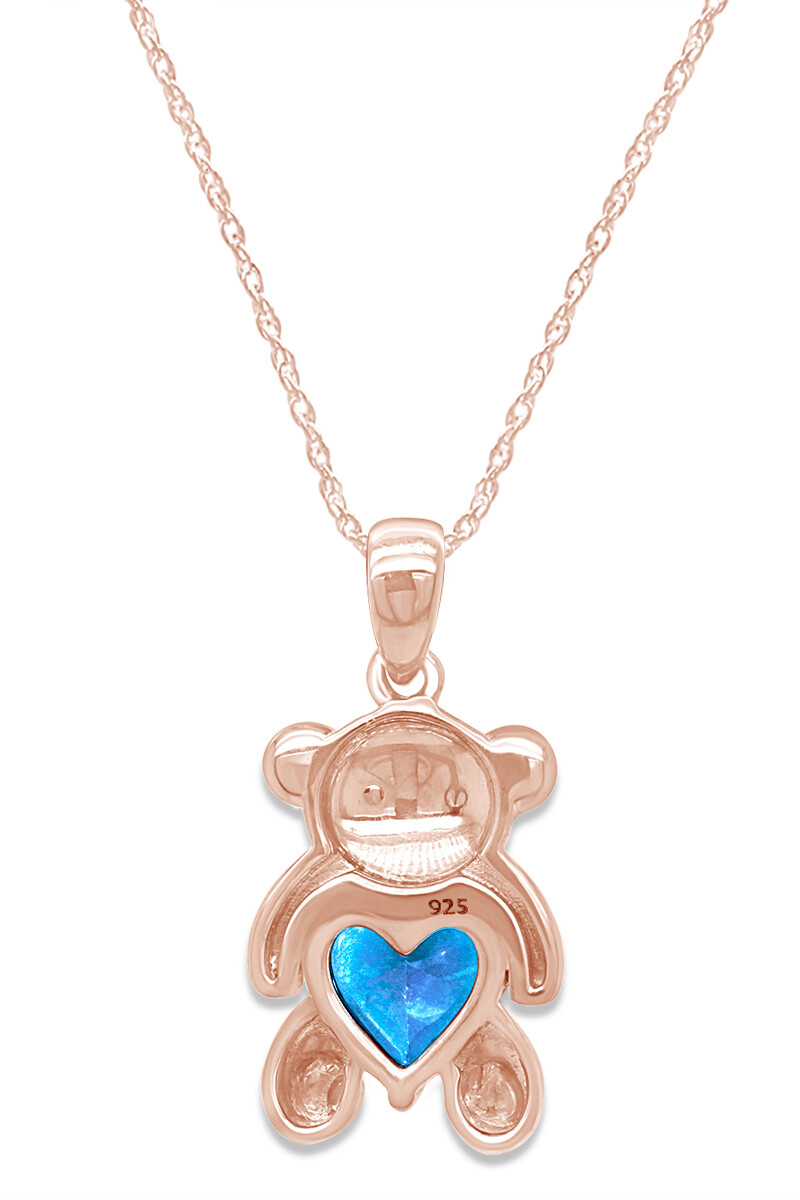 Simulated Blue Topaz Love Heart Teddy Bear Pendant Necklace 14k Rose Gold Plated