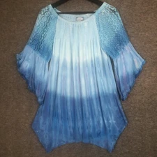 STUDIO WEST Boho Tunic Top WMS M Hippie Blue Ombre Crochet Crinkle Beachy Fairy
