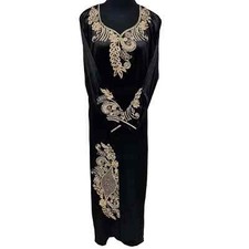 Moroccan Women Black Green Blue Maroon Embroidered Velvet Long Maxi Dress Kaf