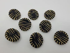 8 pcs 32mm Black Satin & Metallic Gold Trim Fabric Sewing Shank Buttons VTG