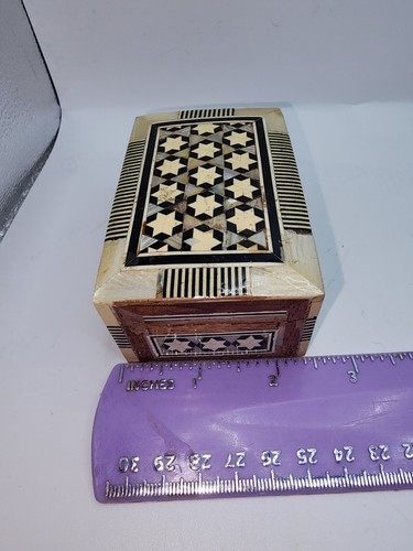 Egyptian Wood Mother Of Pearl Inlay Geometric Design Velvet Lined Trinket Box - Picture 12 of 16