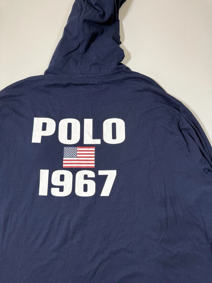 Polo Ralph Lauren Hoodie Mens 2XLT Tall Blue Big Pony Long Sleeve 1967 USA Flag - Image 2 of 4
