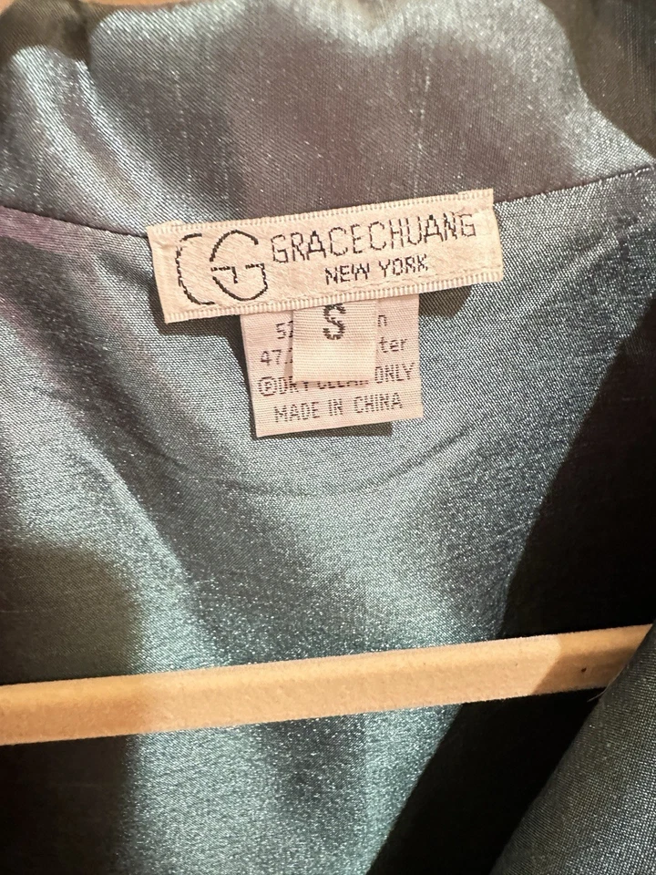 Grace Chuang Long Blue Watercolor Silk Like Open Jacket Formal Wedding Party S - Image 3 of 3