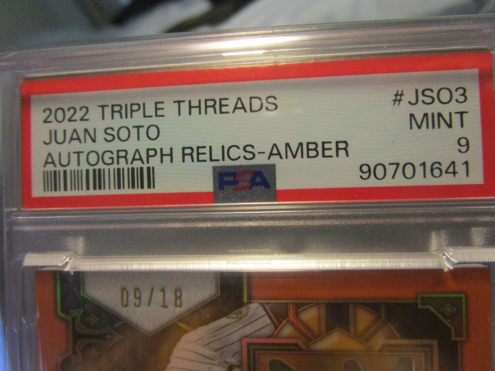 2022 TOPPS TRIPLE THREADS JUAN SOTO CENTURY MARKS AUTO/RELIC -#9/18- PSA GRADE 9 view 6