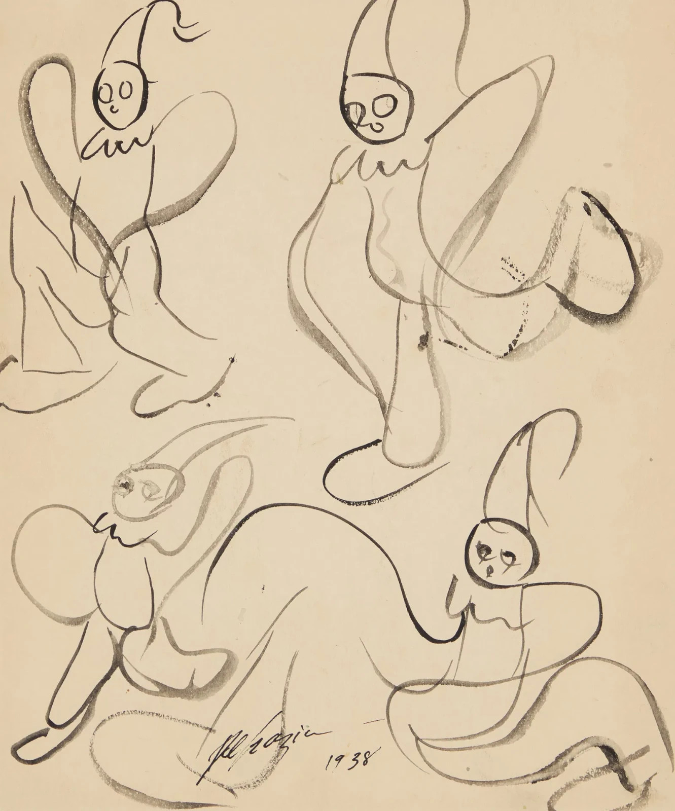 Ted De Grazia (1909-1982), Four Clowns, 1938, Ink on Paper