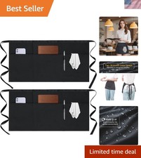 2 Pack Server Apron - Waist Half Aprons for Waitress with 3 Pockets, Black Short