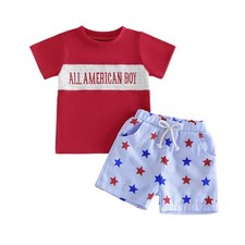 4th Of July Baby Boy Outfit USA Letter Embroidery Short Sleeve T-Shirt Tops E...