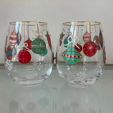 Set of 2 Hand Painted Christmas Ornament Stemless Wine Glasses with Gold Rim