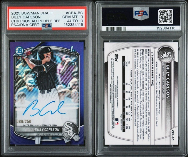 2025 BOWMAN DRAFT BILLY CARLSON CHR PROS AU-PURPLE REF PSA/DNA CERT 10/10 POP-1