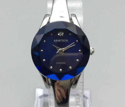 Armitron Diamond Watch Women 23mm‎ Silver Tone Blue Dial Faceted New Batt 7\