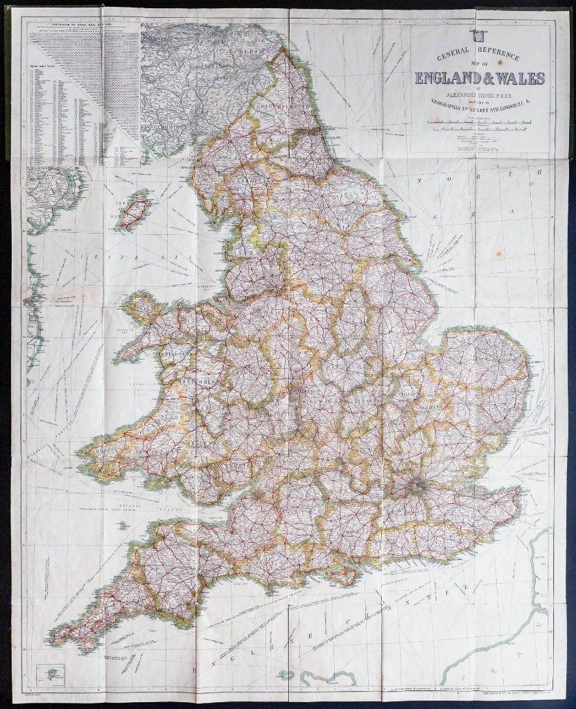 c1911-20 Very large folding GENERAL REFERENCE MAP ENGLAND & WALES Gross ...