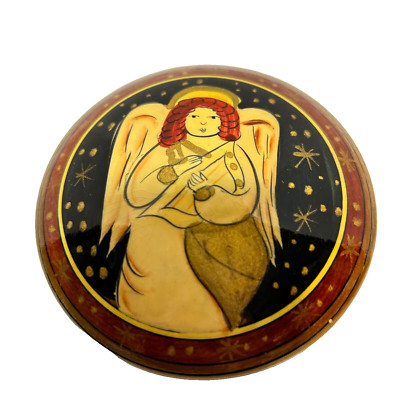 Vintage Terrys Village Hand Painted Wooden Christmas Angel Trinket Box 3.75''