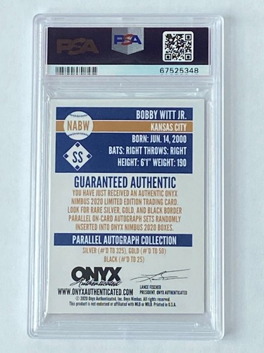 BOBBY WITT JR 2020 ONYX NABW Nimbus Auto Black #/25 Autograph Graded PSA 8 POP 2 - Picture 2 of 2