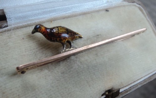Superb Vintage 9ct Rose Gold & Silver Enamel GROUSE Brooch / Pin c.1910/20