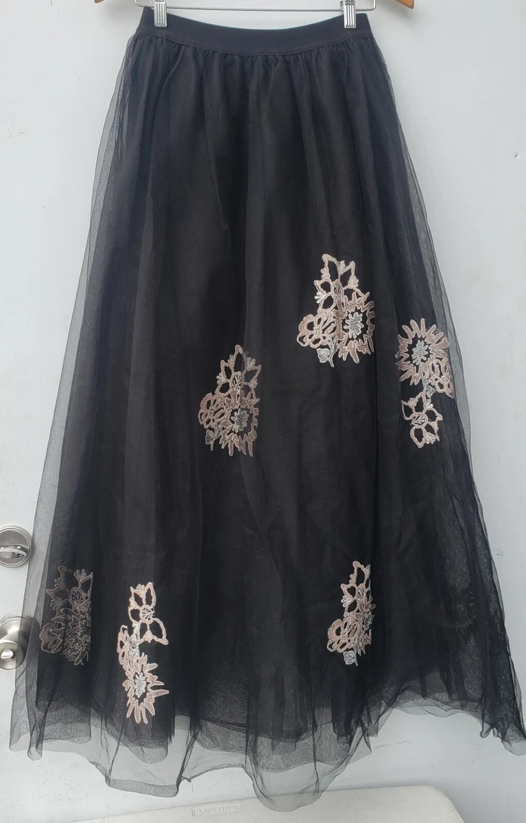 Women s Haute Monde Long Black Maxi Skirt with Embroidered Flowers