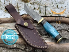 Custom HAND FORGED DAMASCUS STEEL HUNTING Sky Color Resin & Brass Guard Handle